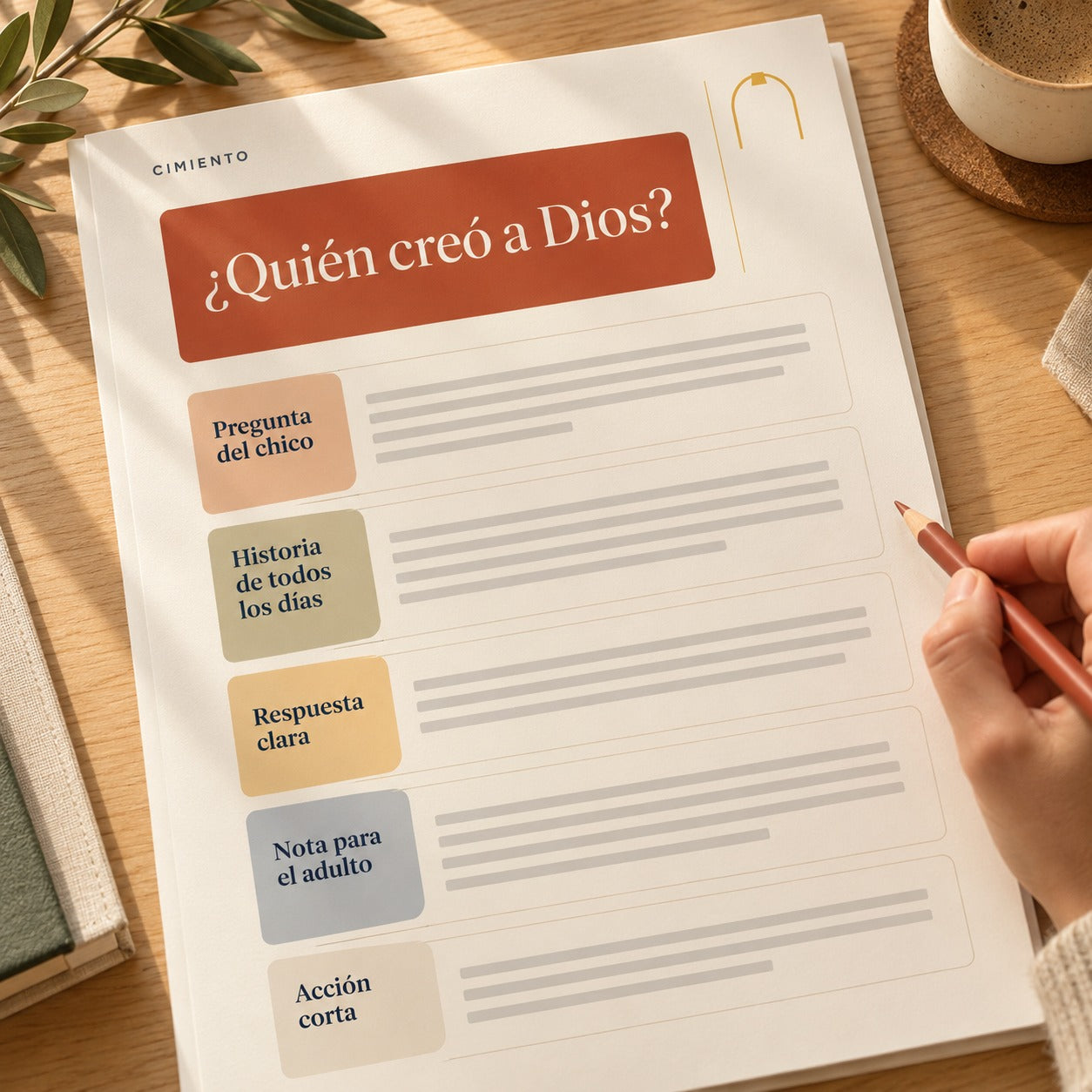 Página de una lección: pregunta del chico, historia de todos los días, respuesta clara, nota para el adulto y acción corta