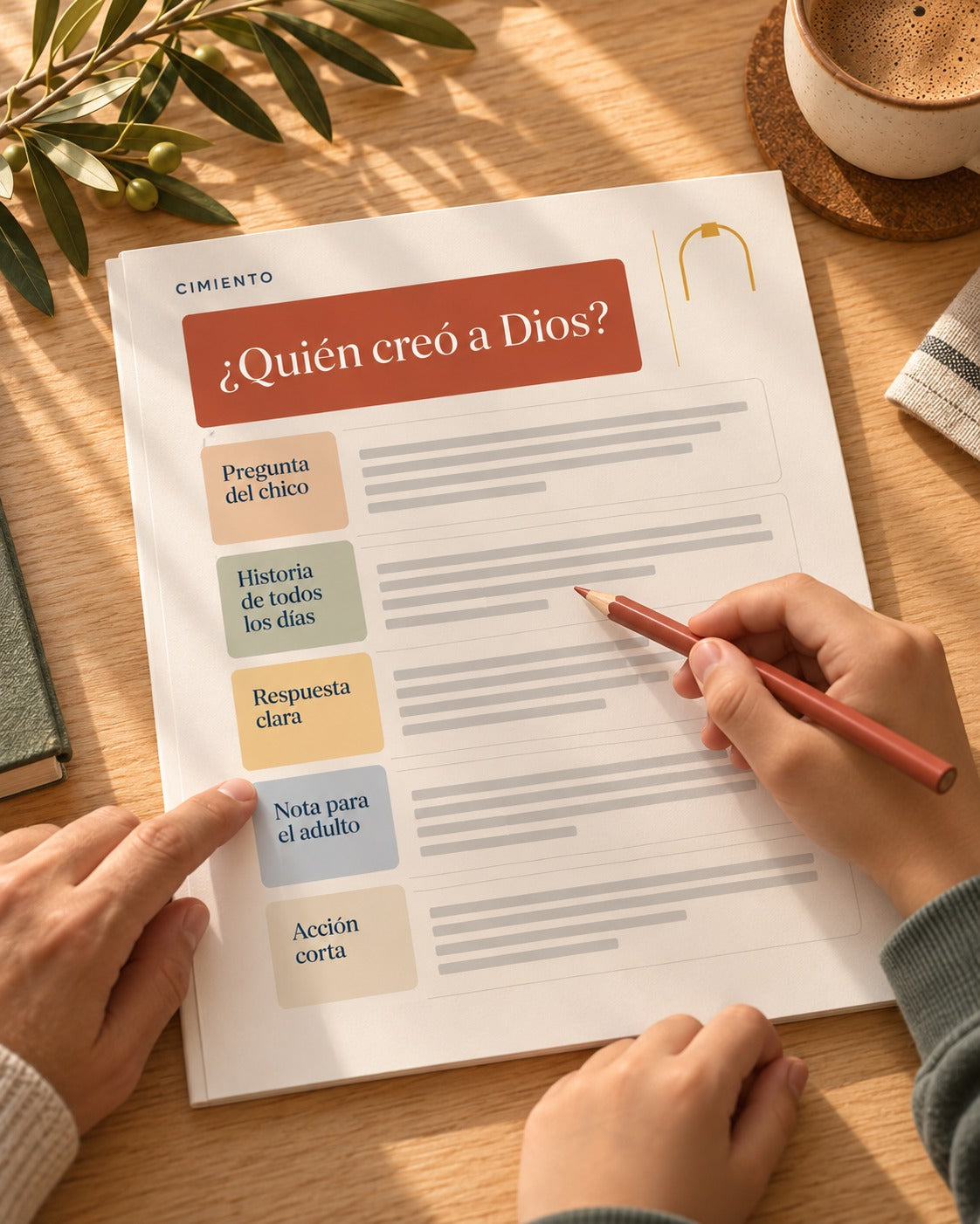 Un adulto y un chico recorren juntos una lección: la pregunta, la respuesta y la nota para el adulto